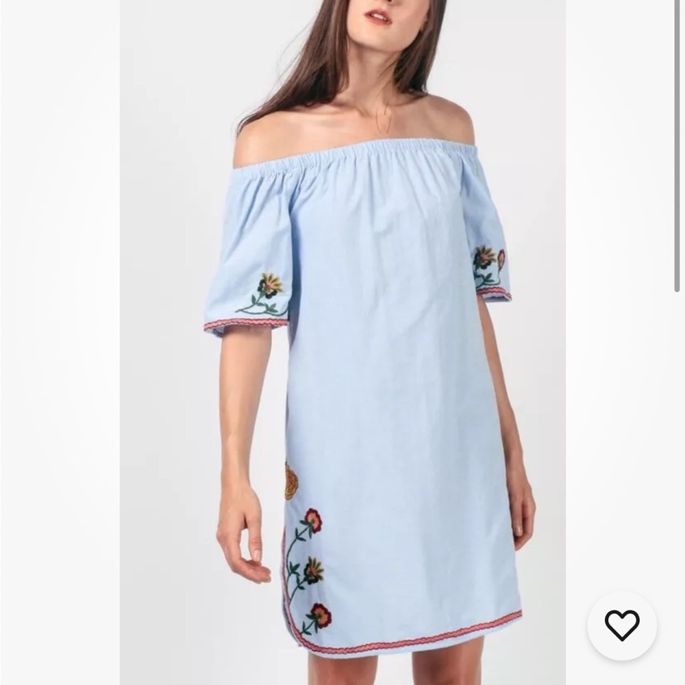 Zara Blue Off Shoulder Floral Embroidered Cotton Dress Boho XS